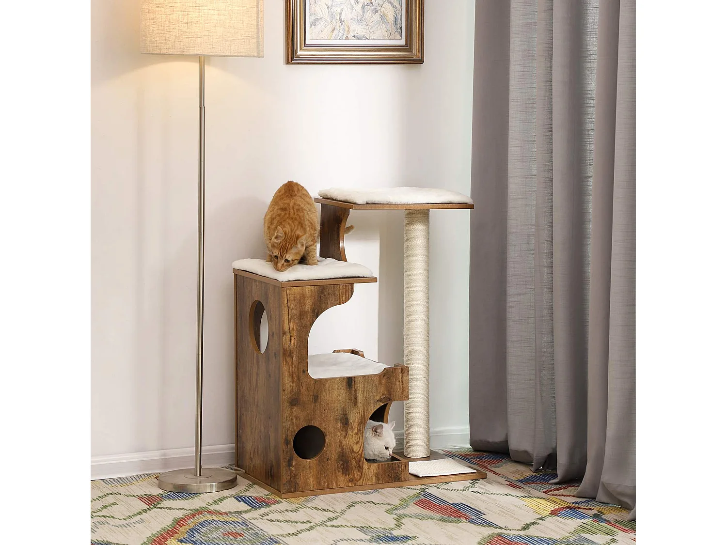 FEANDREA Kratzbaum 86 cm, mittelgroßer Katzenturm mit 3 Schlafplätzen und Höhle, Katzenwohnung aus MDF mit Holzfurnier, Sisalpfosten und waschbarem Kunstfell,