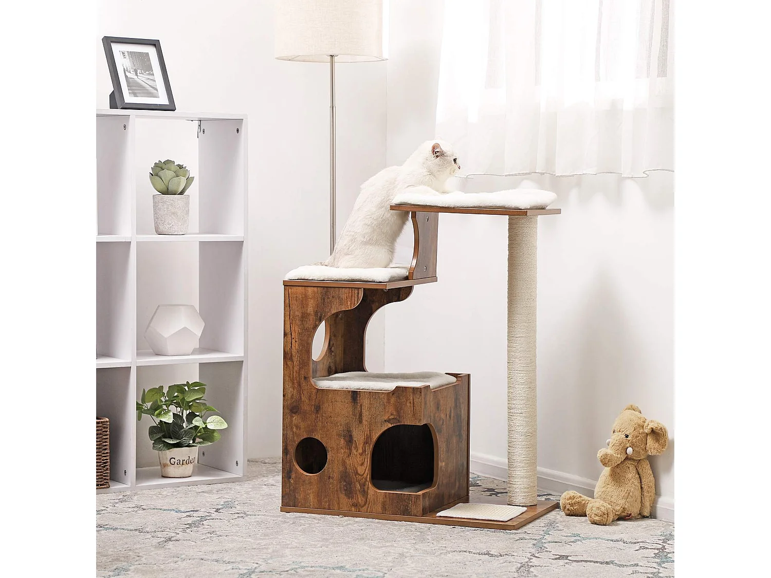 FEANDREA Kratzbaum 86 cm, mittelgroßer Katzenturm mit 3 Schlafplätzen und Höhle, Katzenwohnung aus MDF mit Holzfurnier, Sisalpfosten und waschbarem Kunstfell,