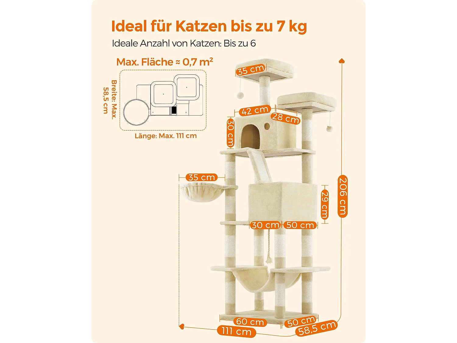 FEANDREA PCT190M01 Stort kattekradsetræ, 206 cm højt, XXL kattetræ med 13 kradsetræer, 2 platforme, 2 huler, kurv, hængekøje, plysbolde, kattekradsetræ i flere