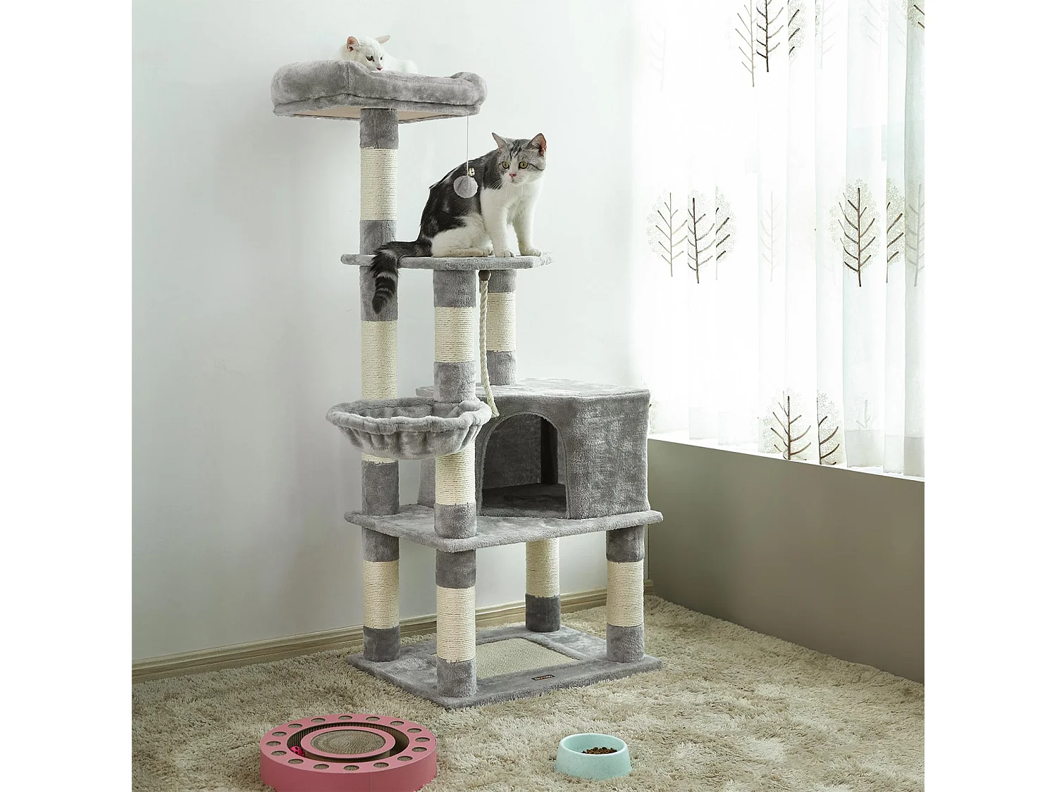 FEANDREA Stable Cat Tree, Play Tower 138 cm, Light Grey PCT60W
