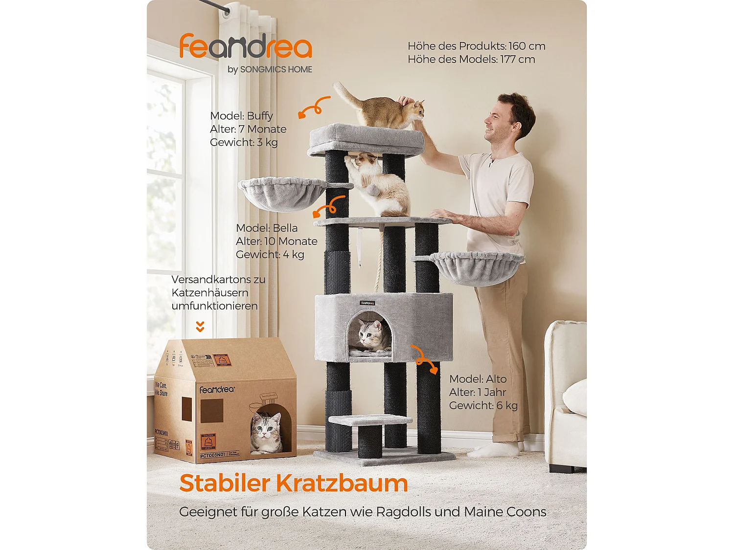 FEANDREA katträd för stora katter, kraftigt kattorn med självvärmande kuddar, 2 självrengörare, 9 klösbrädor, stor sittpinne, grotta, korgar, 50 x 50 x 160 cm,