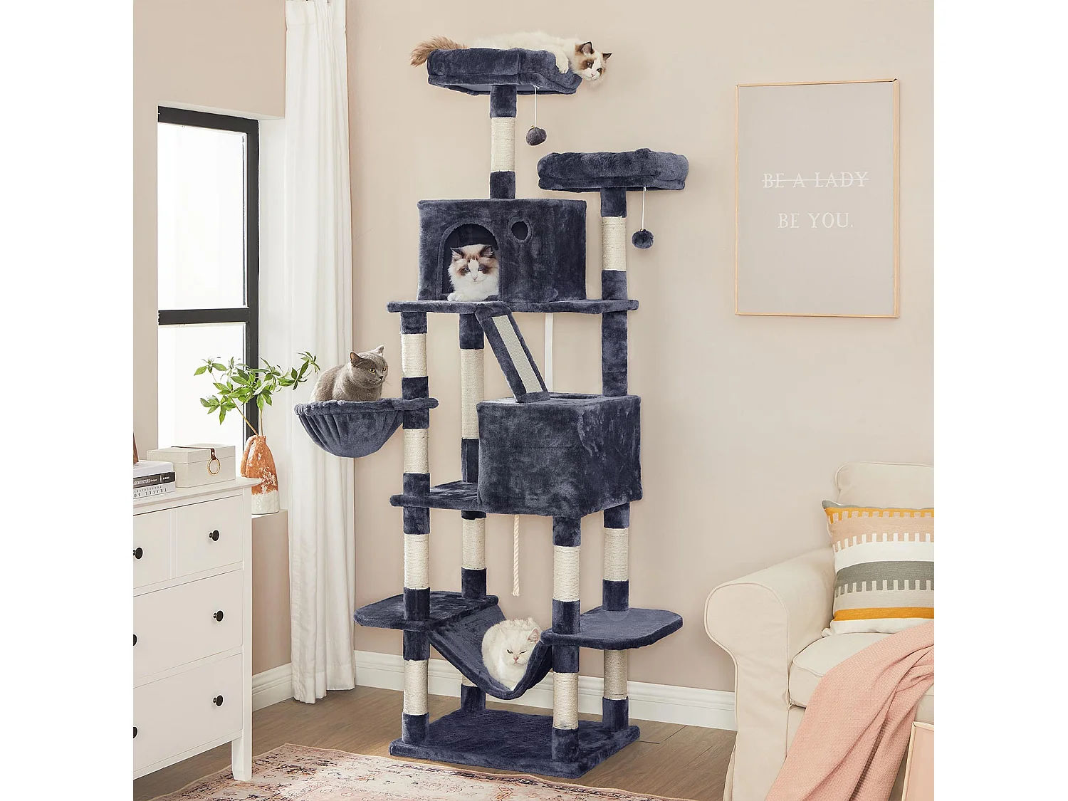FEANDREA Katträd, 206 cm stort kattorn med 13 klösbrädor, 1 klöstrampa, 2 sittpinnar, 2 grottor, korg, hängmatta, pompoms, plyschkattkoja med flera nivåer för