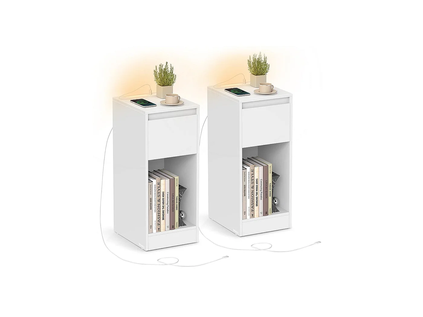 Sengeskab med LED-belysning USB-porte og skuffe