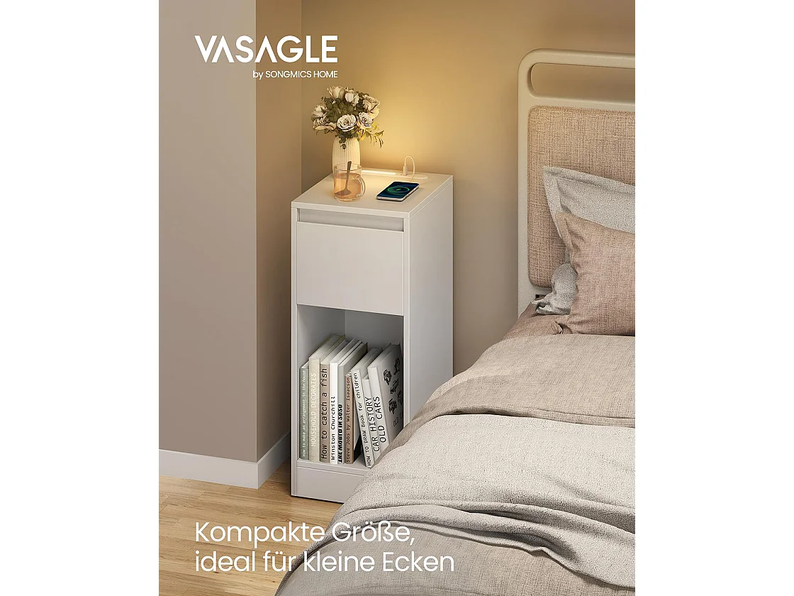 Sengeskab med LED-belysning USB-porte og skuffe