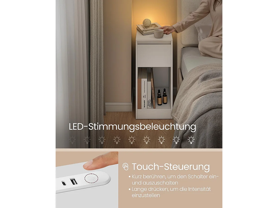 Sengeskab med LED-belysning USB-porte og skuffe