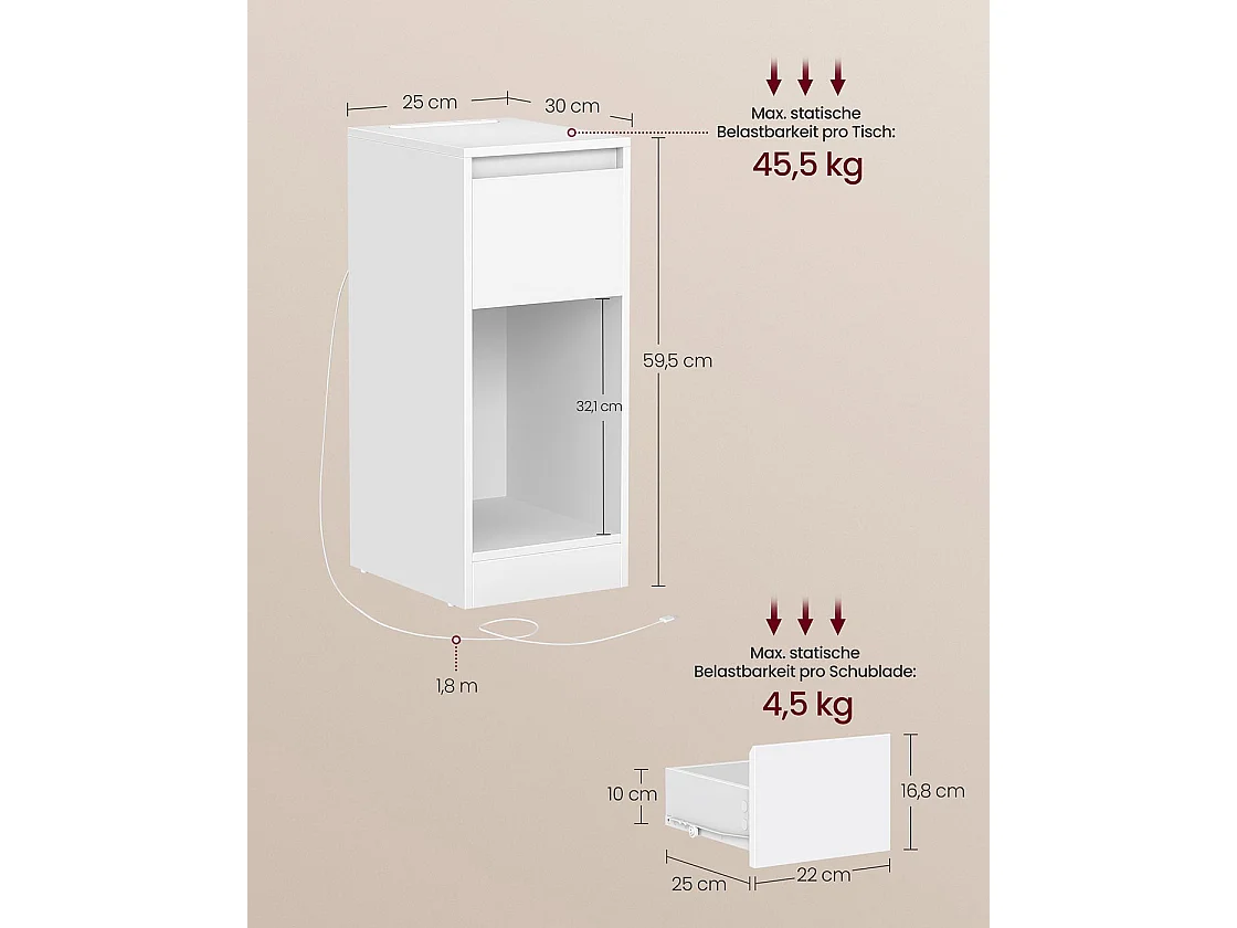 Sengeskab med LED-belysning USB-porte og skuffe