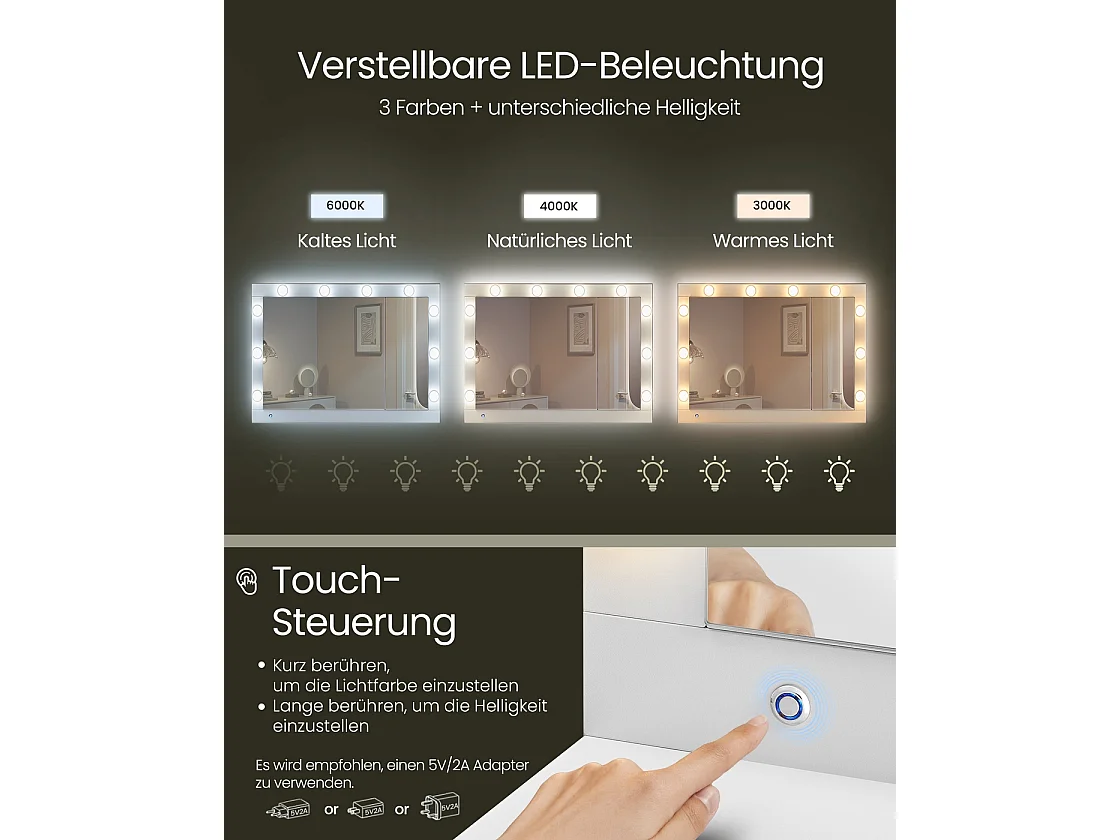 Toalettbord med LED-belysning och spegel molnvit
