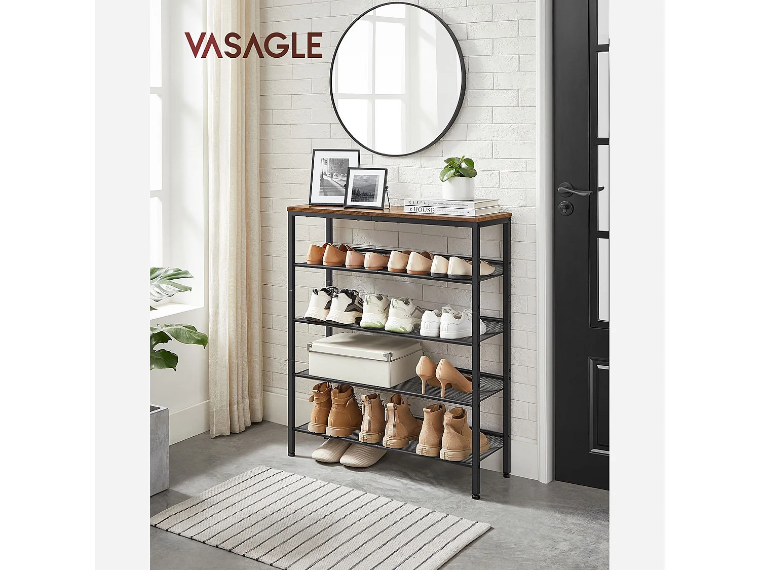 VASAGLE Rack à chaussures à 5 niveaux, grand rangement pour chaussures avec 4 étagères en maille et un grand plateau pour les sacs, gain de place pour l'entrée, le