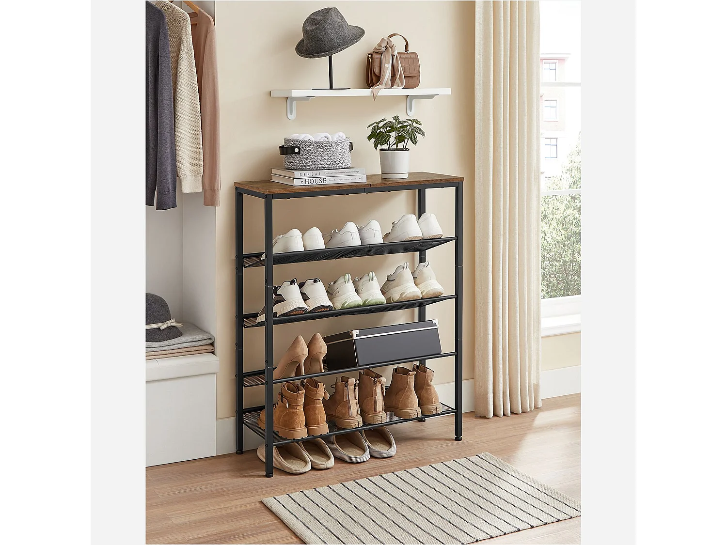 VASAGLE Rack à chaussures à 5 niveaux, grand rangement pour chaussures avec 4 étagères en maille et un grand plateau pour les sacs, gain de place pour l'entrée, le