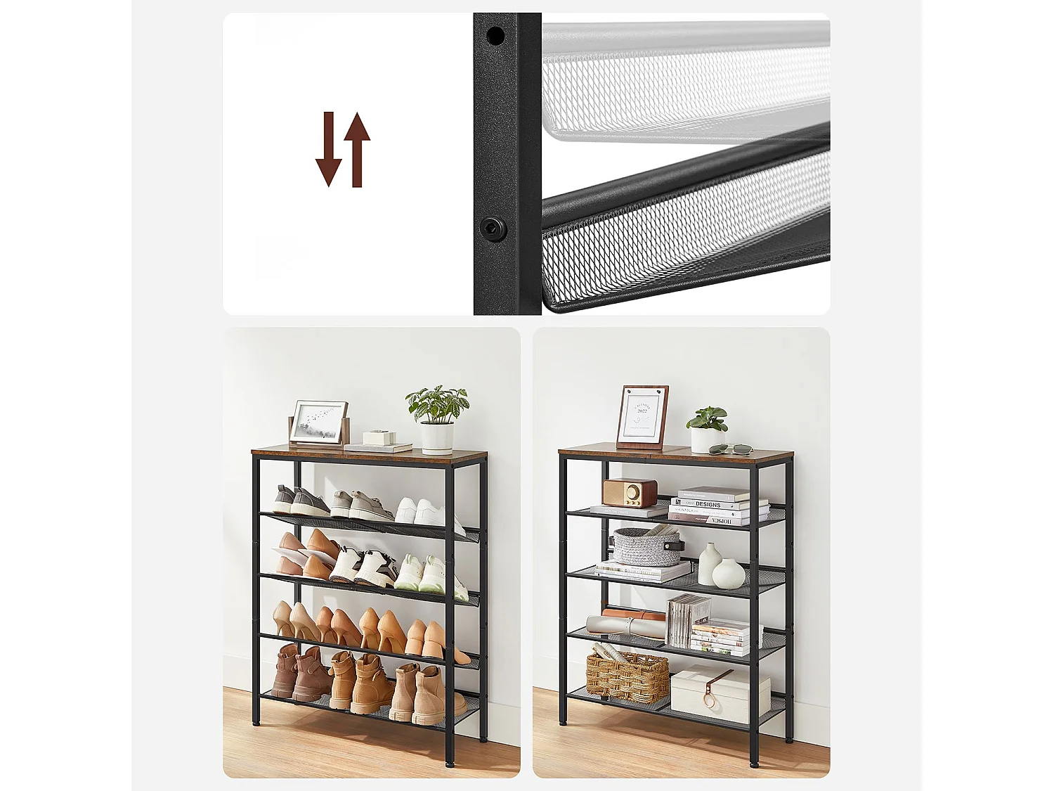 VASAGLE Rack à chaussures à 5 niveaux, grand rangement pour chaussures avec 4 étagères en maille et un grand plateau pour les sacs, gain de place pour l'entrée, le