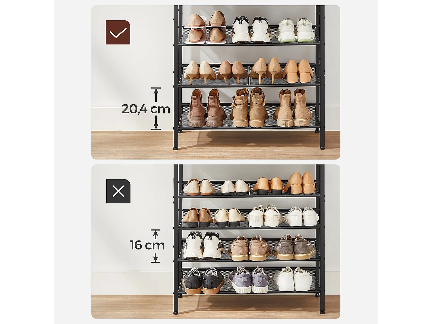 VASAGLE Rack à chaussures à 5 niveaux, grand rangement pour chaussures avec 4 étagères en maille et un grand plateau pour les sacs, gain de place pour l'entrée, le