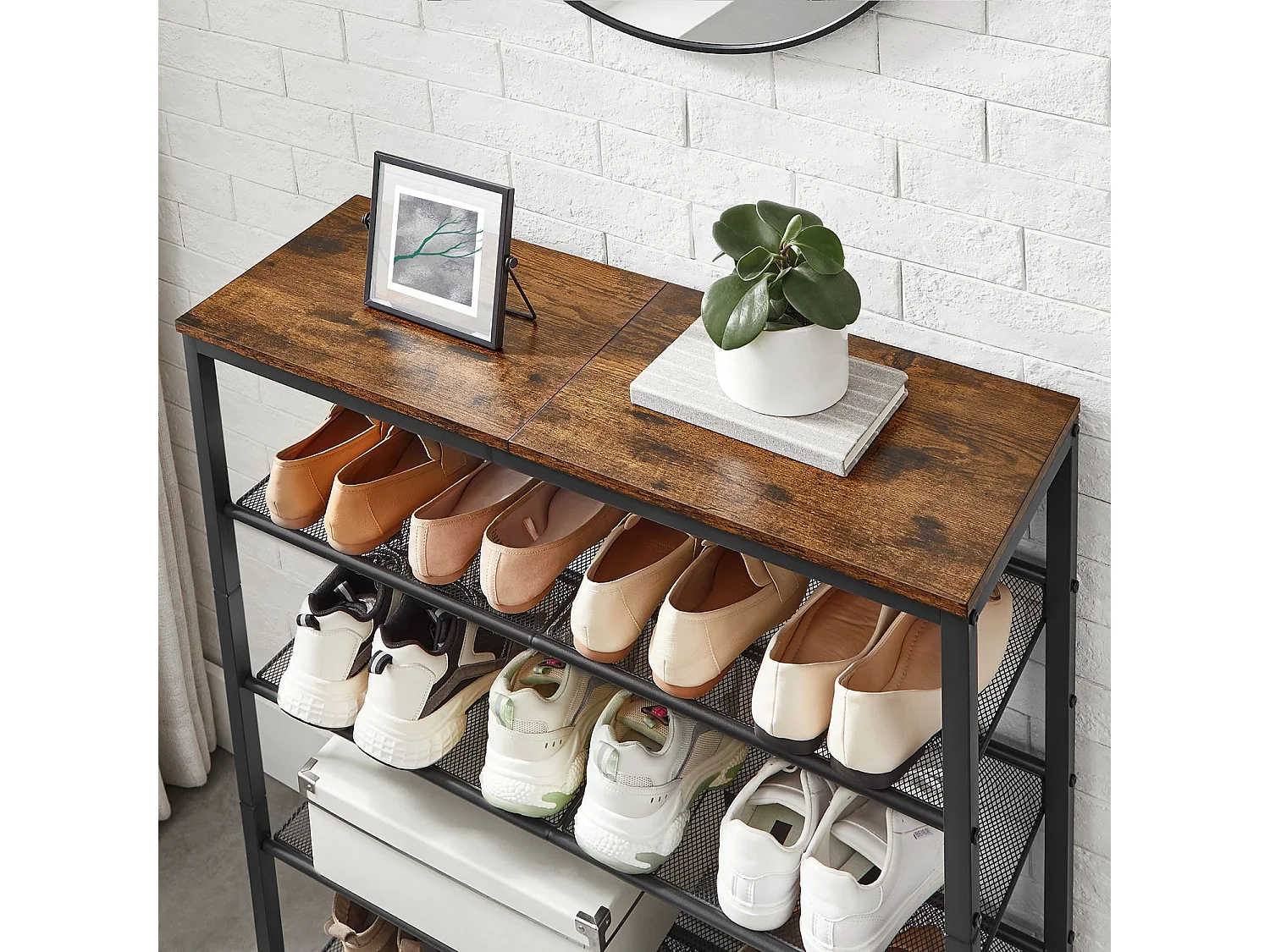 VASAGLE Rack à chaussures à 5 niveaux, grand rangement pour chaussures avec 4 étagères en maille et un grand plateau pour les sacs, gain de place pour l'entrée, le