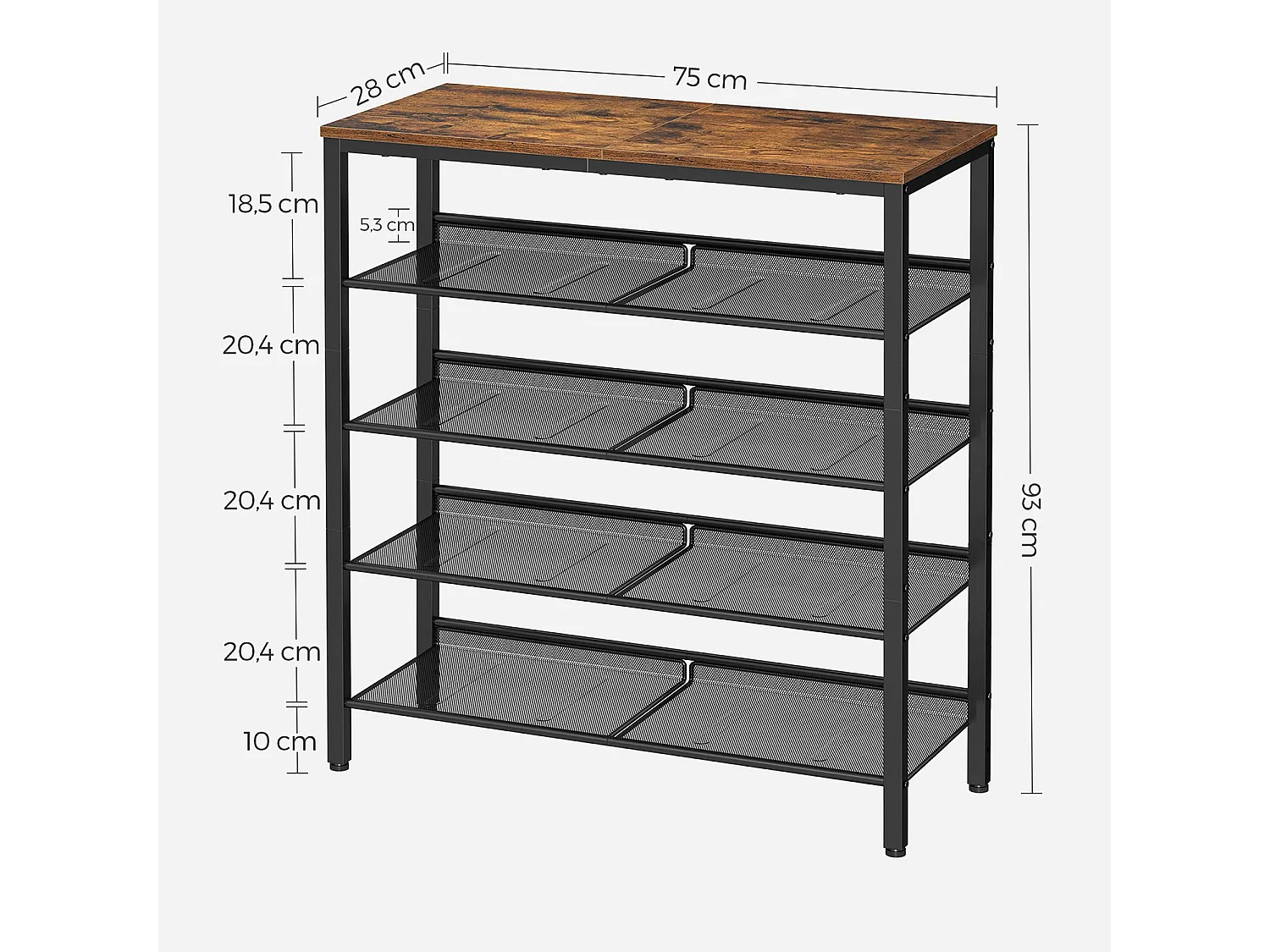 VASAGLE Rack à chaussures à 5 niveaux, grand rangement pour chaussures avec 4 étagères en maille et un grand plateau pour les sacs, gain de place pour l'entrée, le