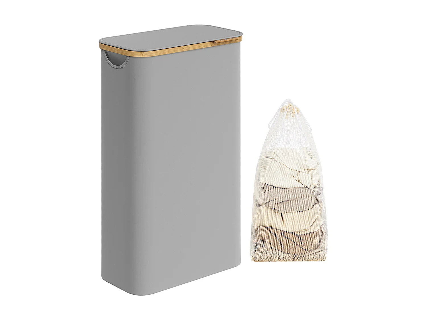 SONGMICS Vasketøjskurv med låg, slank vasketøjskurv, 65L, pladsbesparende, aftagelig netforing, Oxford-stof, bambushåndtag, sammenklappelig, 42 x 22,5 x 70,5 cm,