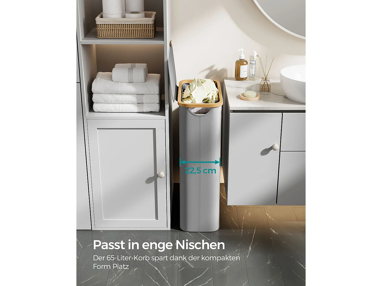 SONGMICS Vasketøjskurv med låg, slank vasketøjskurv, 65L, pladsbesparende, aftagelig netforing, Oxford-stof, bambushåndtag, sammenklappelig, 42 x 22,5 x 70,5 cm,