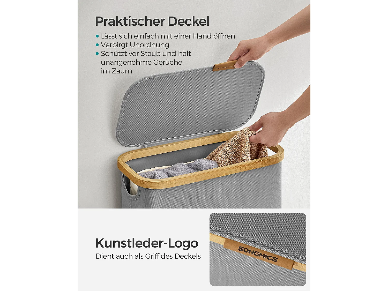 SONGMICS Vasketøjskurv med låg, slank vasketøjskurv, 65L, pladsbesparende, aftagelig netforing, Oxford-stof, bambushåndtag, sammenklappelig, 42 x 22,5 x 70,5 cm,