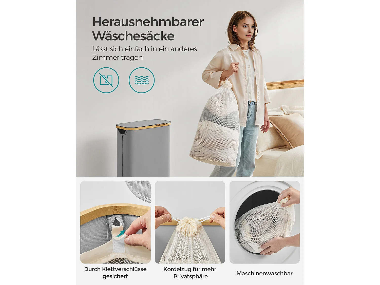 SONGMICS Vasketøjskurv med låg, slank vasketøjskurv, 65L, pladsbesparende, aftagelig netforing, Oxford-stof, bambushåndtag, sammenklappelig, 42 x 22,5 x 70,5 cm,