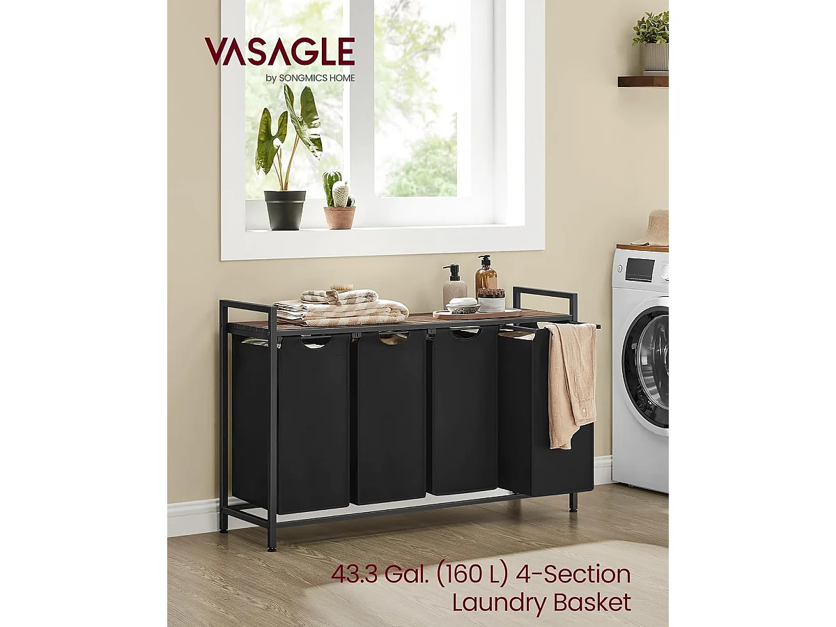 VASAGLE vasketøjskurv, vasketøjskurv med 4 rum, udtrækkelige og aftagelige vasketøjsposer, vasketøjssortering, hylde, metalramme, 4 x 40L, 116 x 33 x 72 cm, rustik
