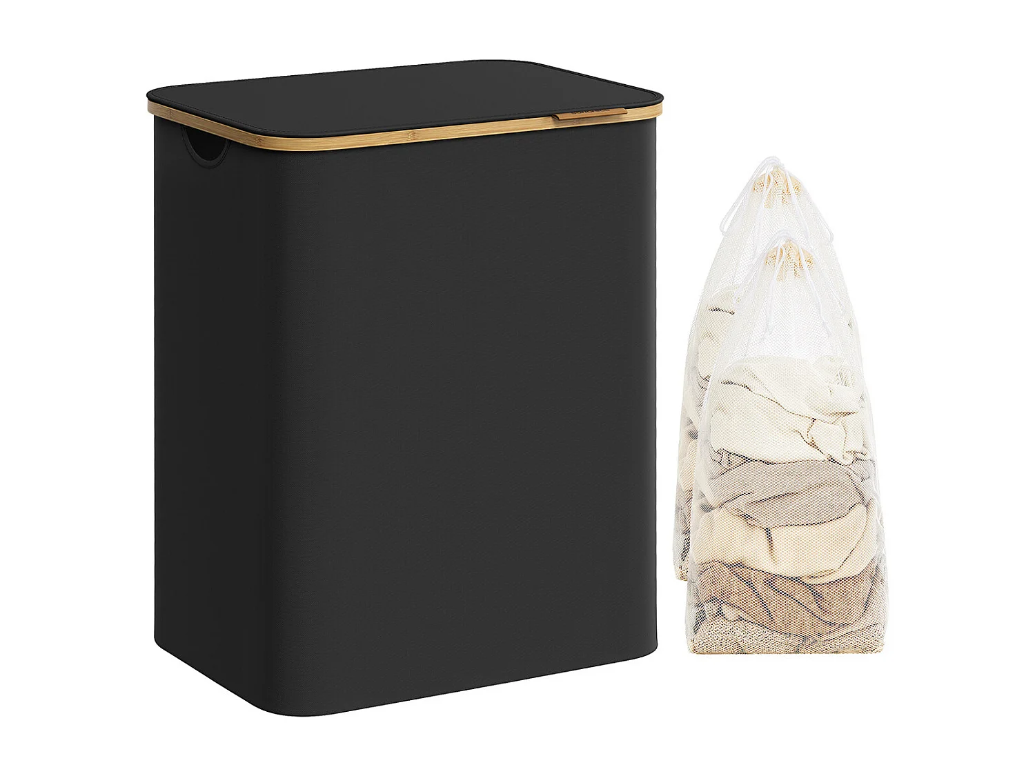 SONGMICS Vasketøjskurv med låg, 2-delt stor vasketøjskurv, 130L, aftagelig netforing, Oxford-stof, bambushåndtag, sammenklappelig, 52 x 38,5 x 70,5 cm, blæksort