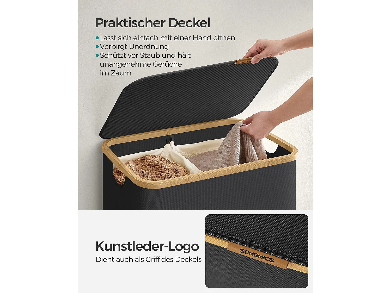 SONGMICS Vasketøjskurv med låg, 2-delt stor vasketøjskurv, 130L, aftagelig netforing, Oxford-stof, bambushåndtag, sammenklappelig, 52 x 38,5 x 70,5 cm, blæksort