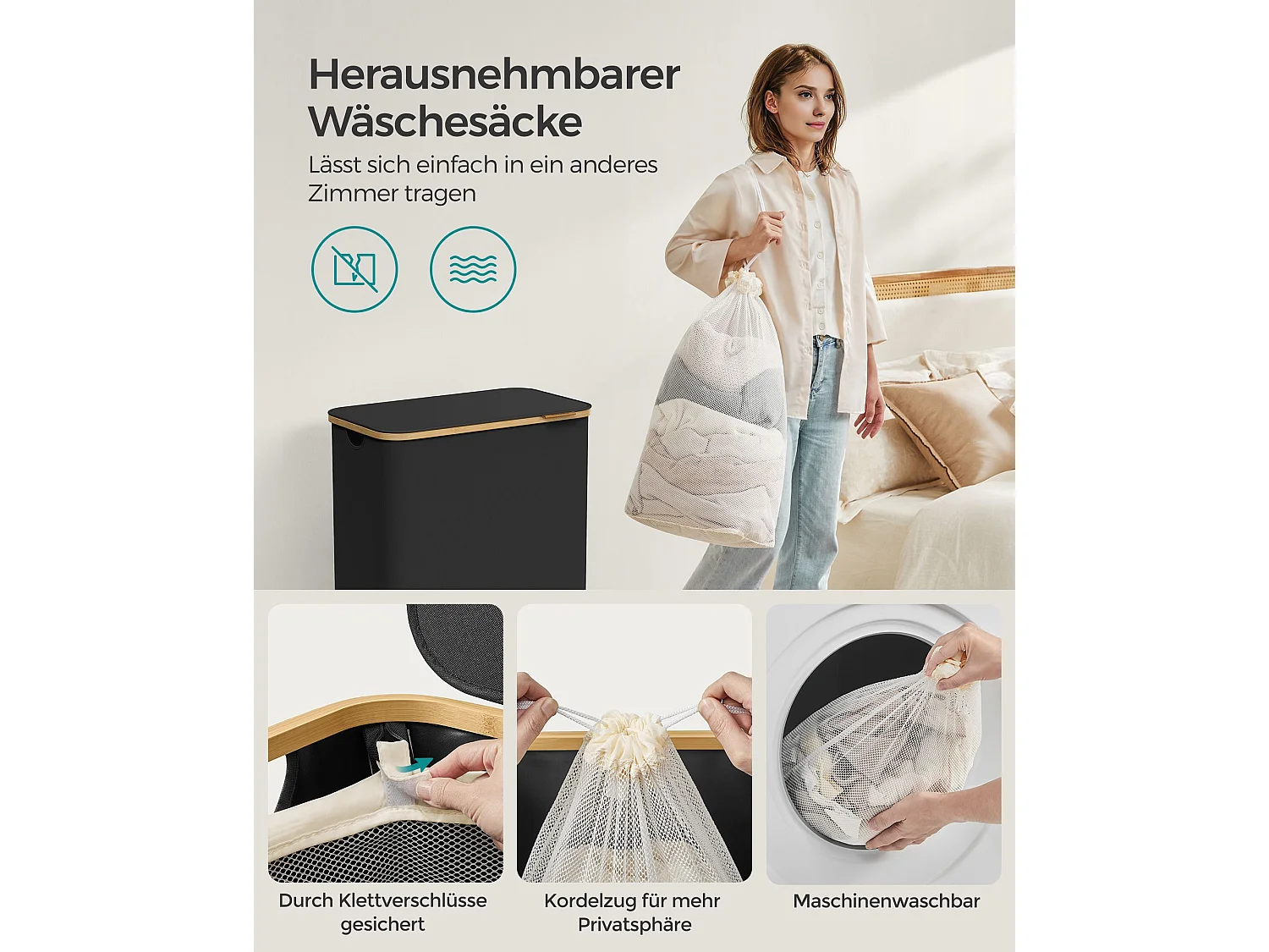 SONGMICS Vasketøjskurv med låg, 2-delt stor vasketøjskurv, 130L, aftagelig netforing, Oxford-stof, bambushåndtag, sammenklappelig, 52 x 38,5 x 70,5 cm, blæksort