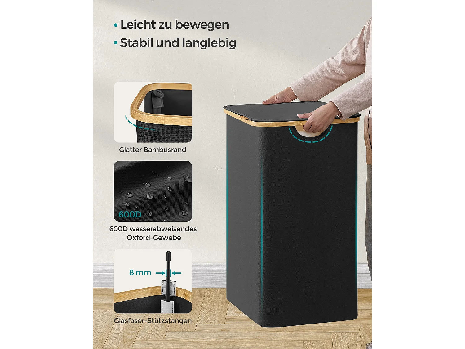 SONGMICS Vasketøjskurv med låg, 2-delt stor vasketøjskurv, 130L, aftagelig netforing, Oxford-stof, bambushåndtag, sammenklappelig, 52 x 38,5 x 70,5 cm, blæksort