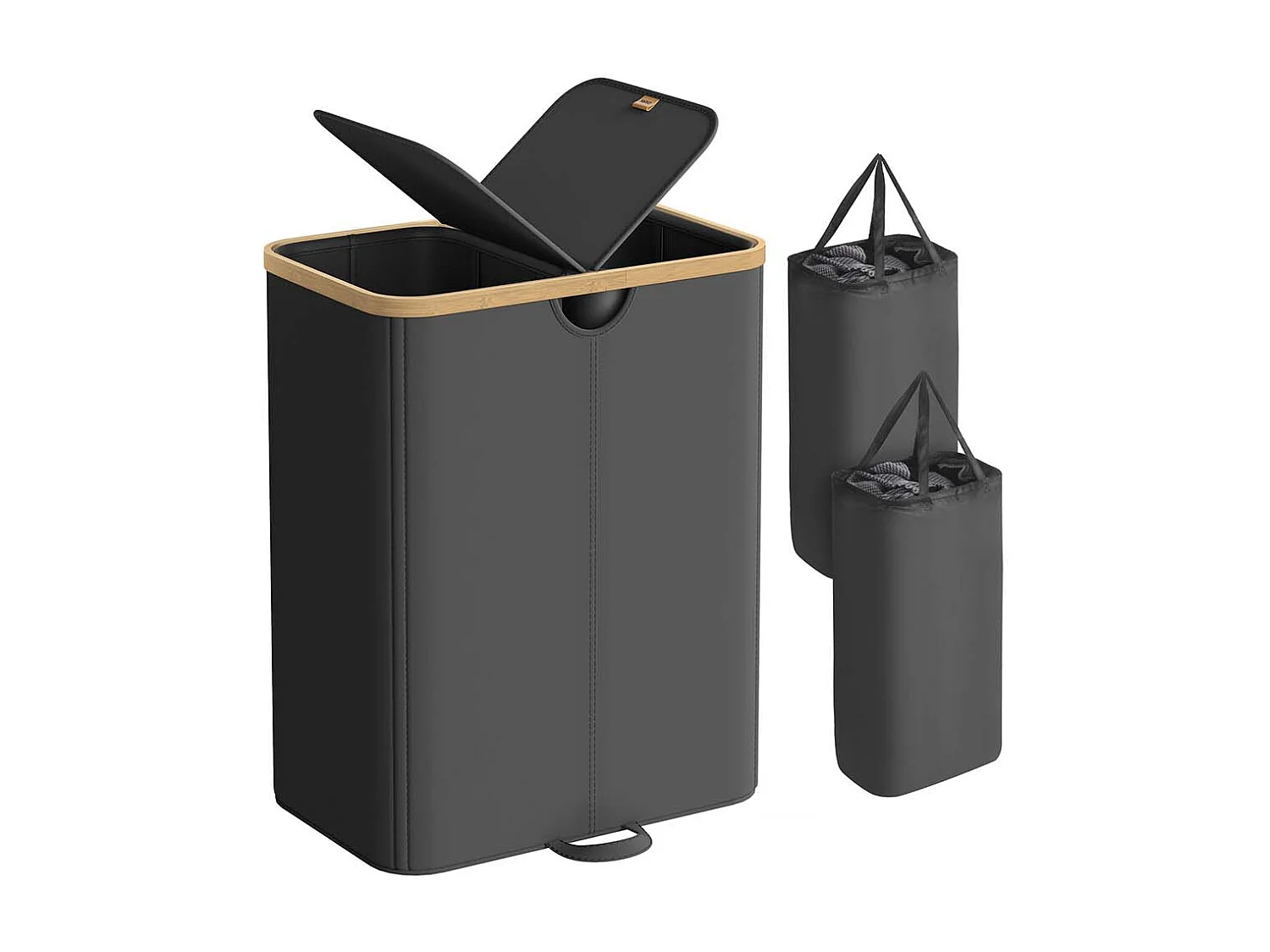 Wäschekorb mit zwei Fächern und Deckel Tintenschwarz und Naturbeige