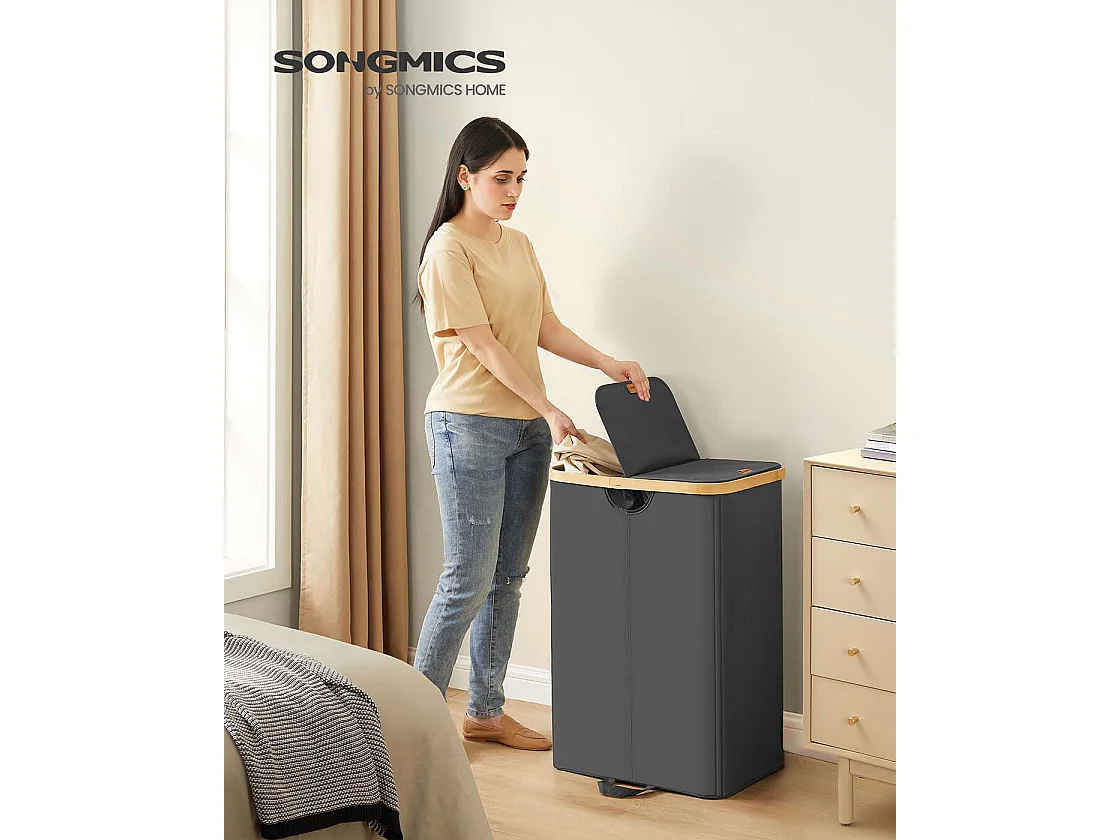 Wäschekorb mit zwei Fächern und Deckel Tintenschwarz und Naturbeige