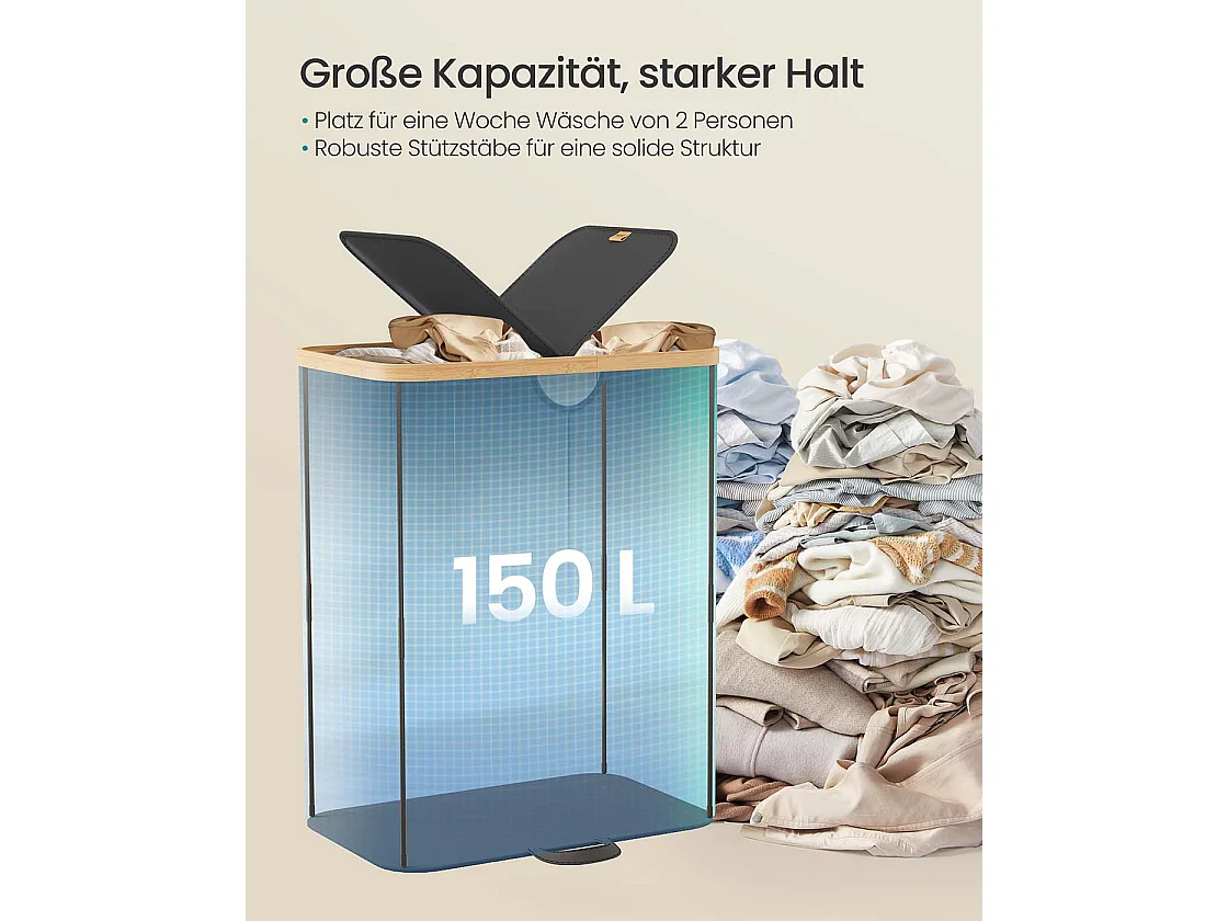 Wäschekorb mit zwei Fächern und Deckel Tintenschwarz und Naturbeige