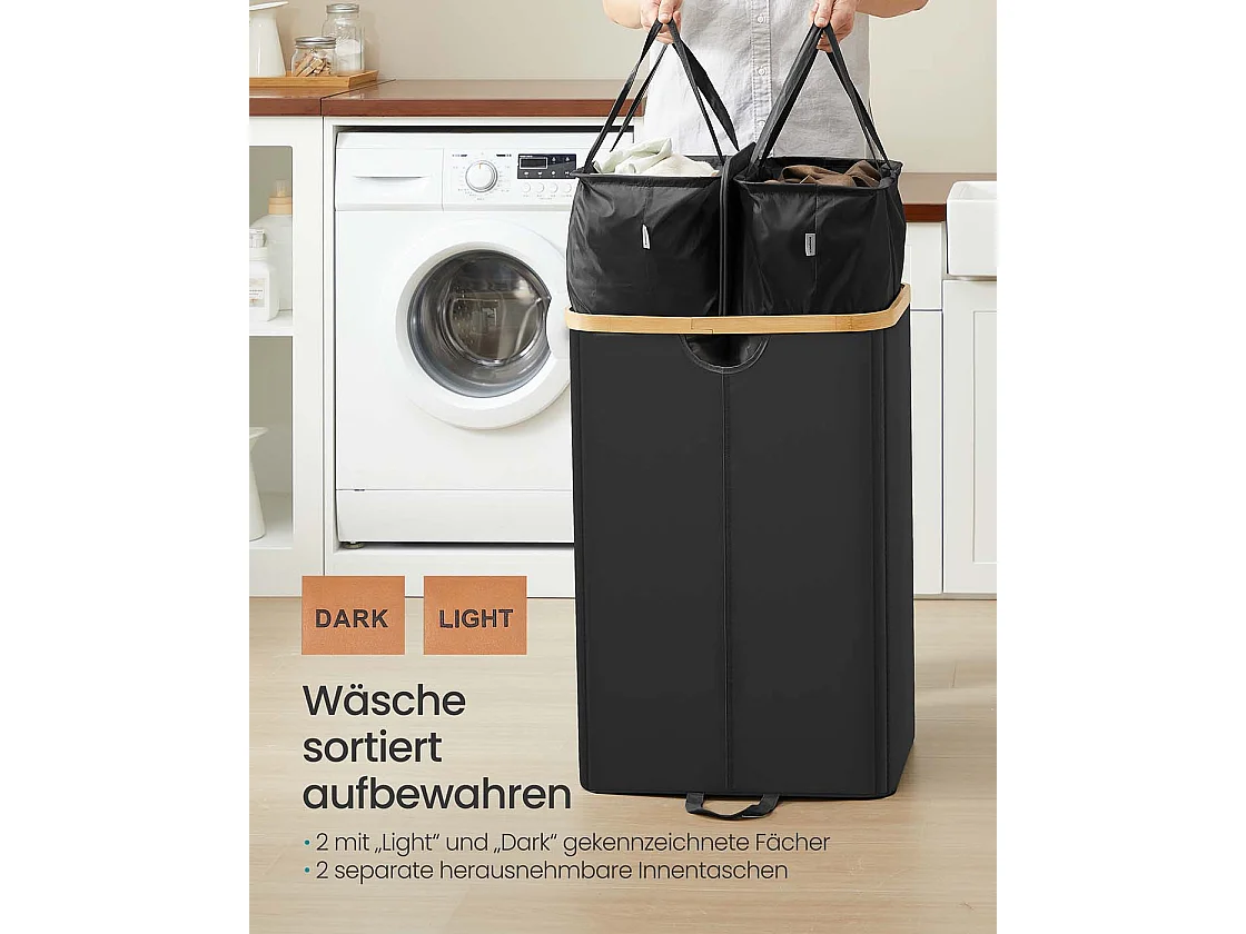 Wäschekorb mit zwei Fächern und Deckel Tintenschwarz und Naturbeige