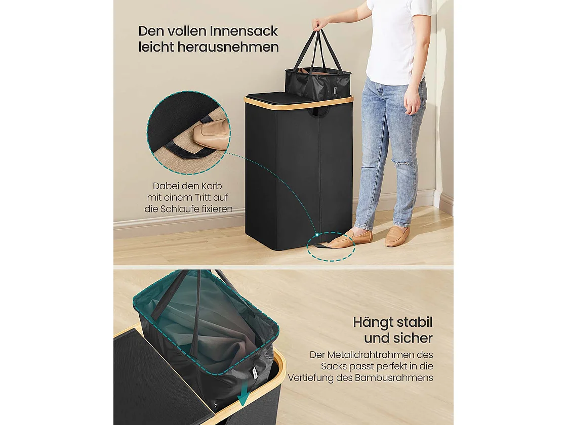 Wäschekorb mit zwei Fächern und Deckel Tintenschwarz und Naturbeige