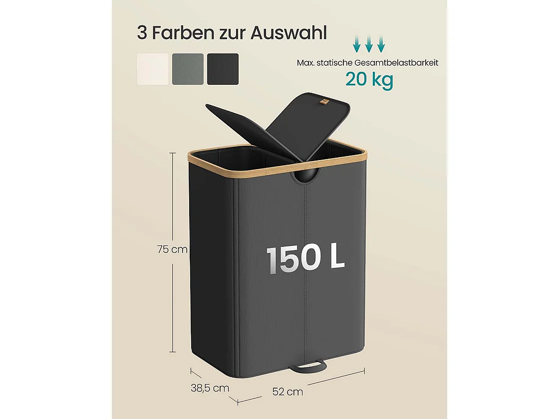 Wäschekorb mit zwei Fächern und Deckel Tintenschwarz und Naturbeige