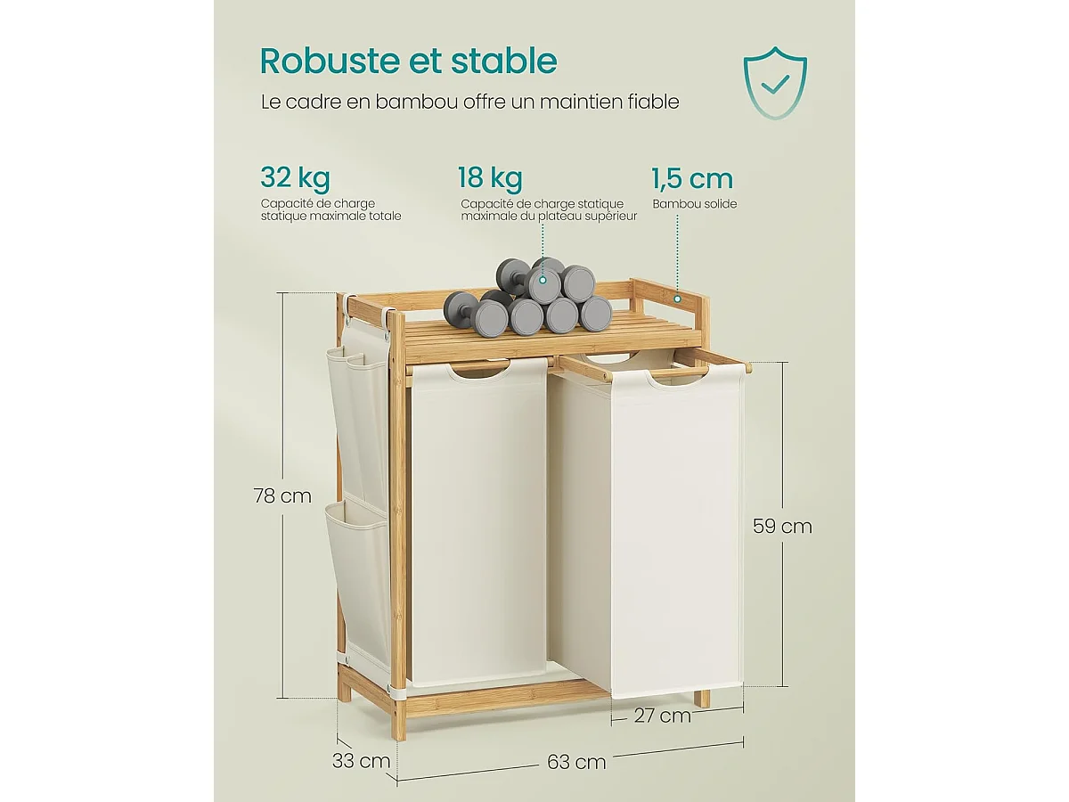 Vasketøjskurv 2 rum 2 x 50 L 63 x 33 x 78 cm cremehvid