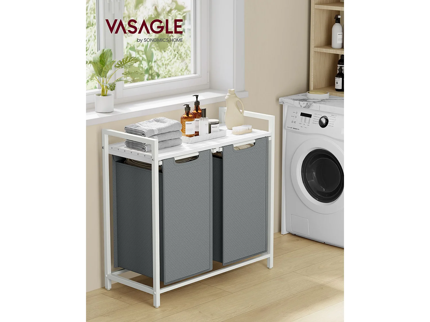 VASAGLE Wäschekorb, 2 Fächer, Wäschekorb mit Regal, Wäschekorb, Wäschesack aus Oxford-Gewebe, ausziehbar, abnehmbar, Metallrahmen, 2 x 46 L, 73 x 33 x 72 cm,