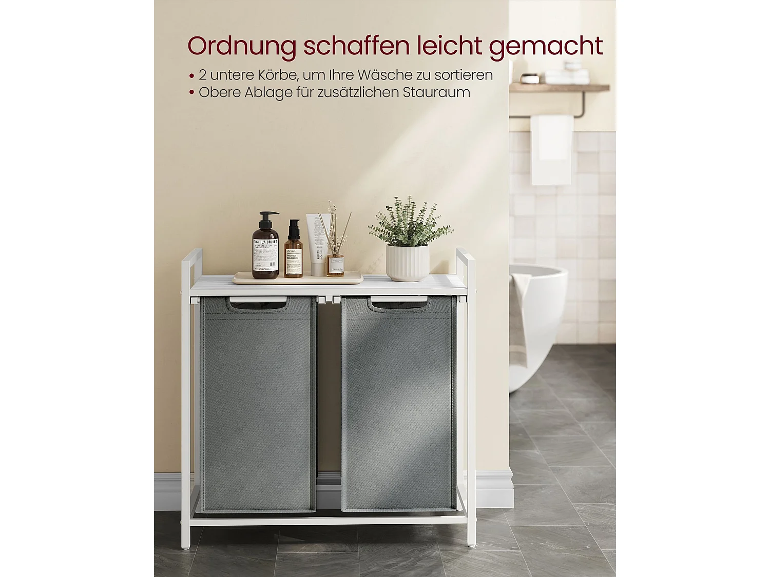 VASAGLE Wäschekorb, 2 Fächer, Wäschekorb mit Regal, Wäschekorb, Wäschesack aus Oxford-Gewebe, ausziehbar, abnehmbar, Metallrahmen, 2 x 46 L, 73 x 33 x 72 cm,