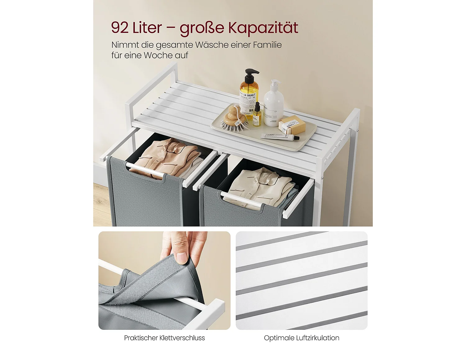 VASAGLE Wäschekorb, 2 Fächer, Wäschekorb mit Regal, Wäschekorb, Wäschesack aus Oxford-Gewebe, ausziehbar, abnehmbar, Metallrahmen, 2 x 46 L, 73 x 33 x 72 cm,