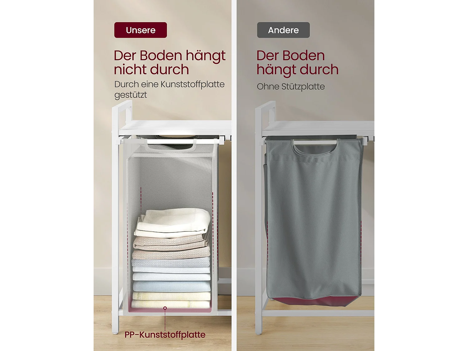 VASAGLE Wäschekorb, 2 Fächer, Wäschekorb mit Regal, Wäschekorb, Wäschesack aus Oxford-Gewebe, ausziehbar, abnehmbar, Metallrahmen, 2 x 46 L, 73 x 33 x 72 cm,