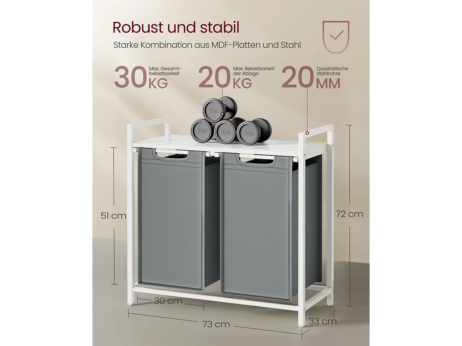 VASAGLE Wäschekorb, 2 Fächer, Wäschekorb mit Regal, Wäschekorb, Wäschesack aus Oxford-Gewebe, ausziehbar, abnehmbar, Metallrahmen, 2 x 46 L, 73 x 33 x 72 cm,