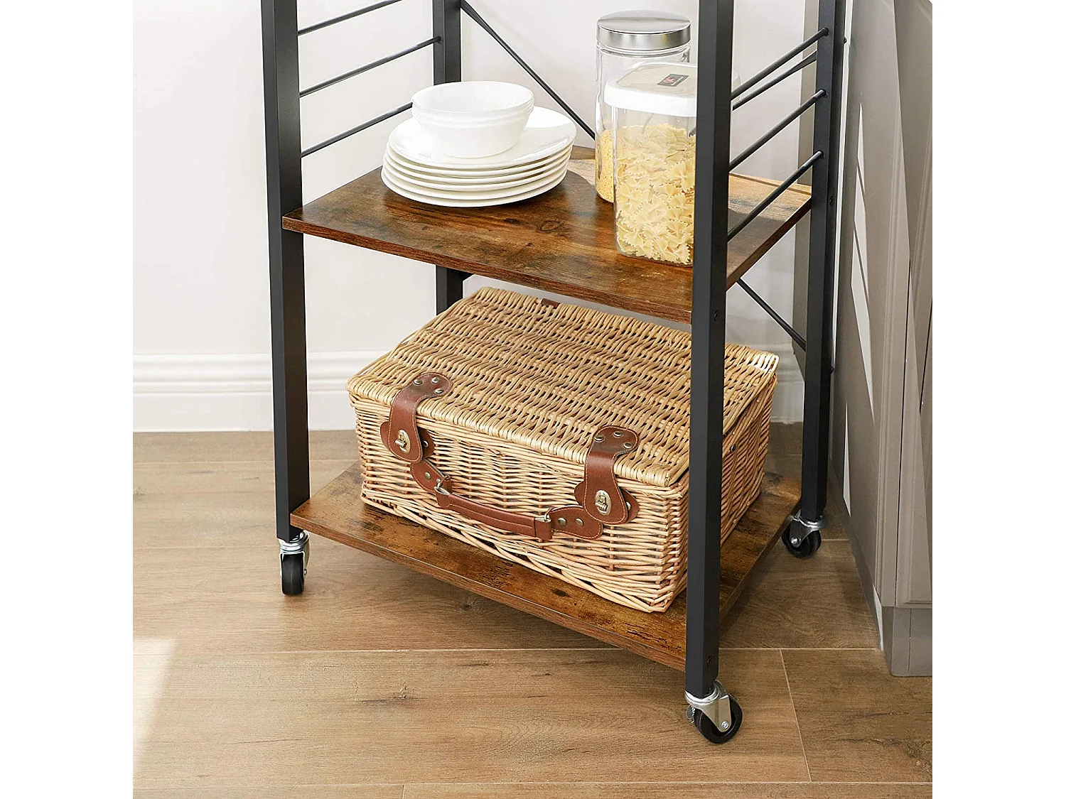 VASAGLE Køkkenhylde på hjul, serveringsvogn med 3 hylder, mikrobølgehylde, til miniovn, brødrister, metalramme med 6 kroge, industrielt design, rustik brun KKS60XV1