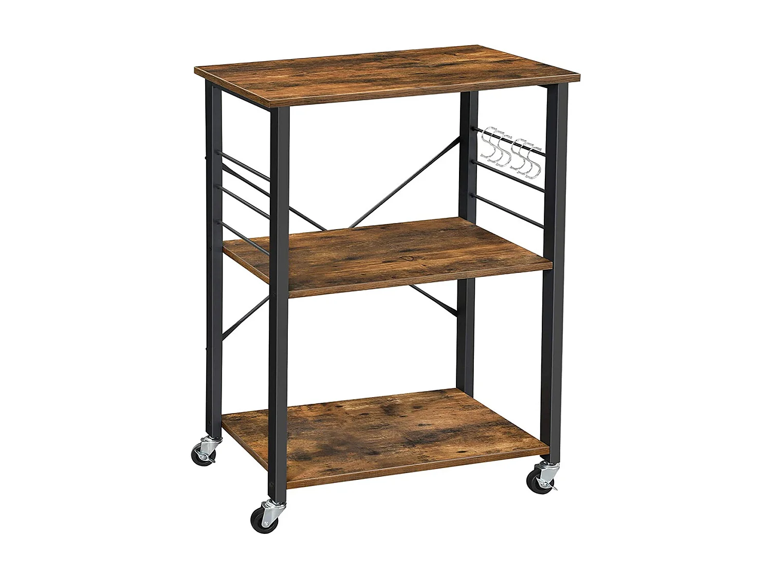 VASAGLE Køkkenhylde på hjul, serveringsvogn med 3 hylder, mikrobølgehylde, til miniovn, brødrister, metalramme med 6 kroge, industrielt design, rustik brun KKS60XV1