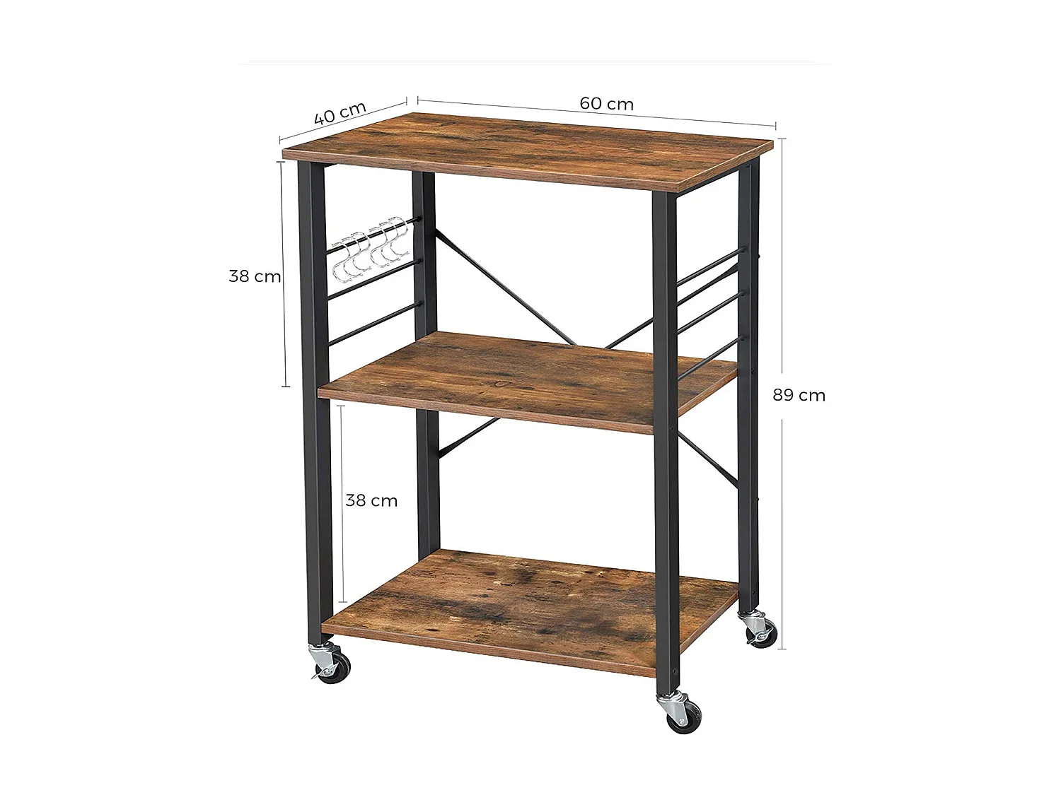 VASAGLE Køkkenhylde på hjul, serveringsvogn med 3 hylder, mikrobølgehylde, til miniovn, brødrister, metalramme med 6 kroge, industrielt design, rustik brun KKS60XV1