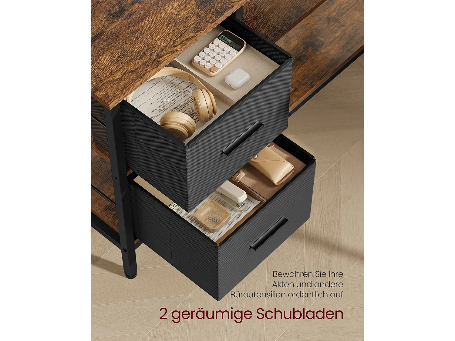 L-formet skrivebord med 2 skuffer 135 x 105 cm