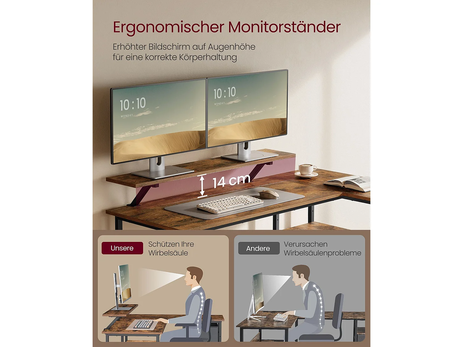 L-formet skrivebord med 2 skuffer 135 x 105 cm