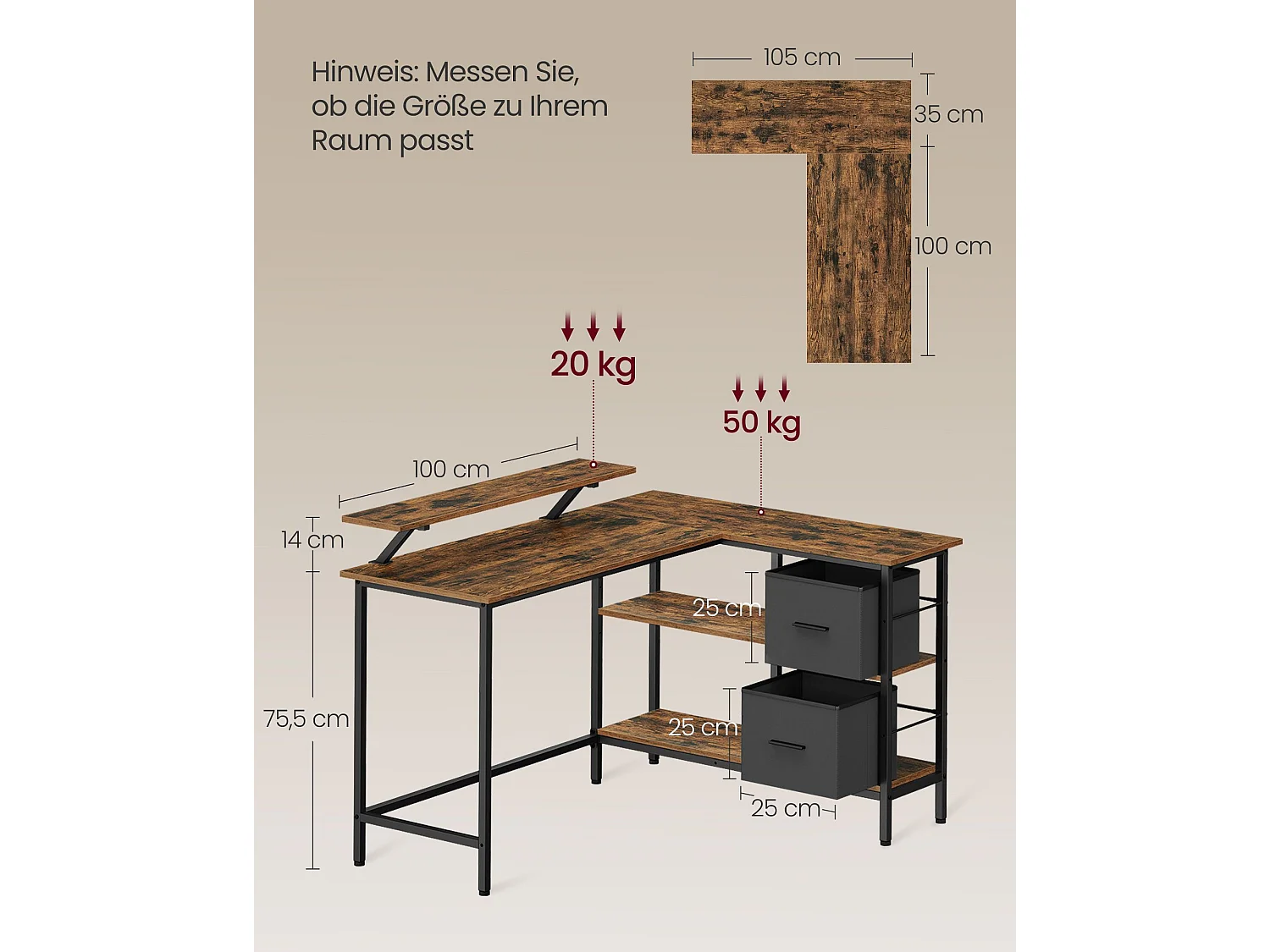 L-formet skrivebord med 2 skuffer 135 x 105 cm