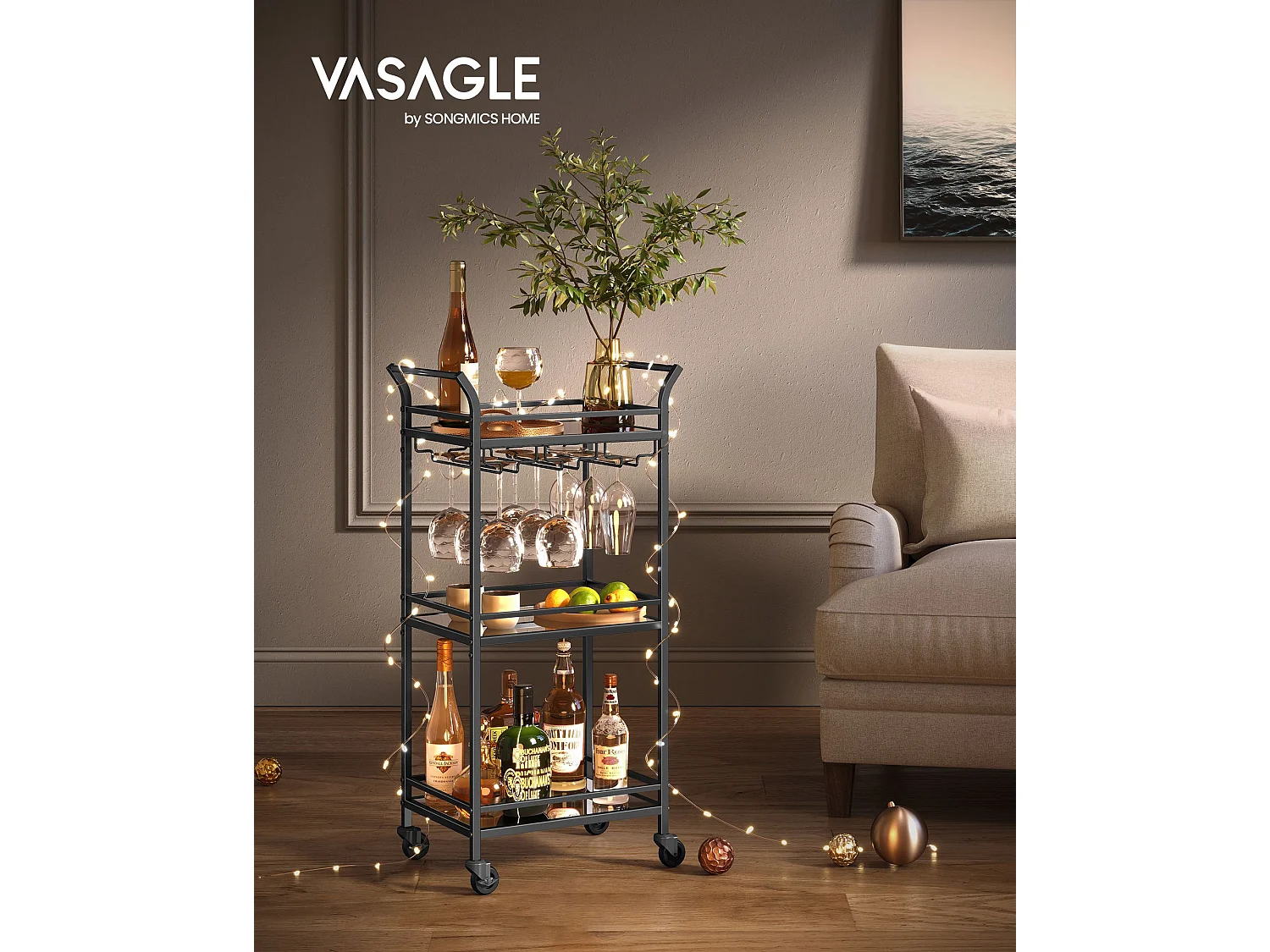 Serveringsvogn med hjul, sort