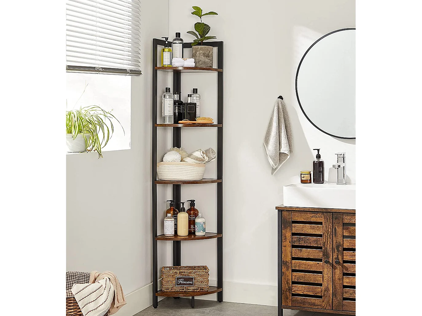 VASAGLE 5-Tier Eckregal, Mehrzweckregal, Pflanzenständer, 30 x 30 x 150 cm, industriell, für Wohnzimmer, Schlafzimmer, Home Office, rustikal braun und schwarz