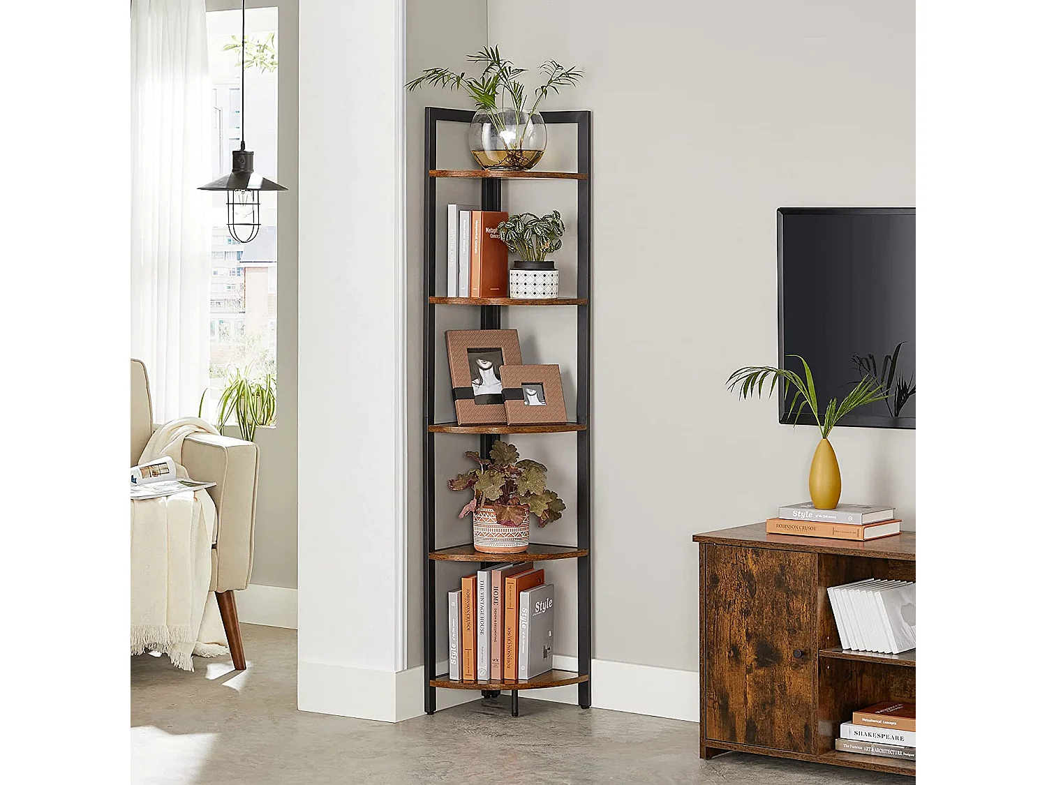 VASAGLE 5-Tier Eckregal, Mehrzweckregal, Pflanzenständer, 30 x 30 x 150 cm, industriell, für Wohnzimmer, Schlafzimmer, Home Office, rustikal braun und schwarz