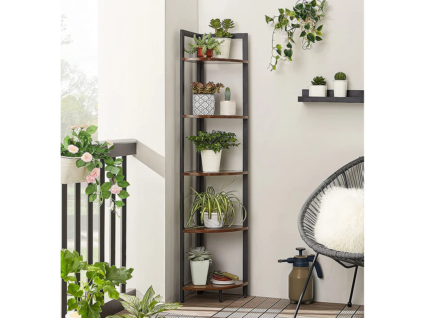 VASAGLE 5-Tier Eckregal, Mehrzweckregal, Pflanzenständer, 30 x 30 x 150 cm, industriell, für Wohnzimmer, Schlafzimmer, Home Office, rustikal braun und schwarz