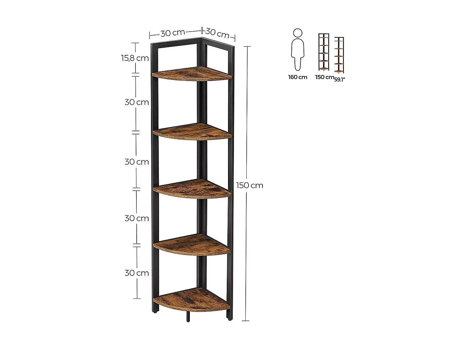 VASAGLE 5-Tier Eckregal, Mehrzweckregal, Pflanzenständer, 30 x 30 x 150 cm, industriell, für Wohnzimmer, Schlafzimmer, Home Office, rustikal braun und schwarz