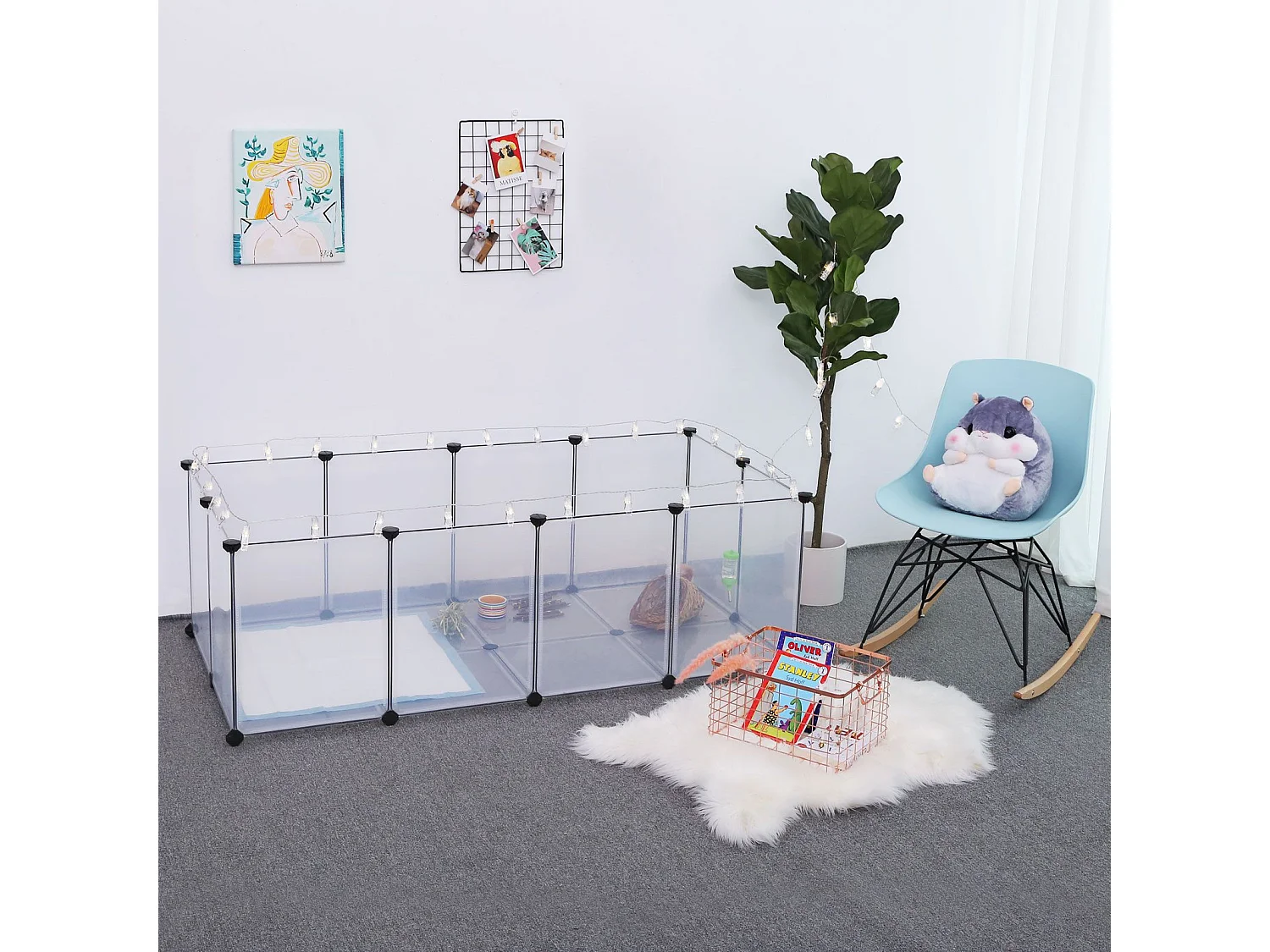 SONGMICS løbegård til kæledyr, løbegård og bur til marsvin med gulv, indendørs DIY gennemsigtig plastikindhegning til hamstere, kaniner, pindsvin, træningshabitat